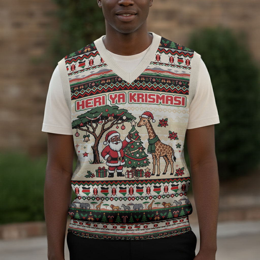 Kenya Christmas Santa Wildlife Christmas Knitted V-Neck Vest Heri Ya Krismasi - Elephant Giraffe - Ugly Pixel Art