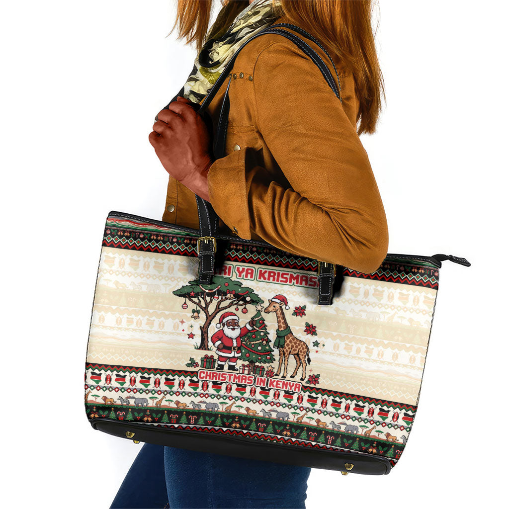 Kenya Christmas Santa Wildlife Leather Tote Bag Heri Ya Krismasi - Elephant Giraffe - Ugly Pixel Art