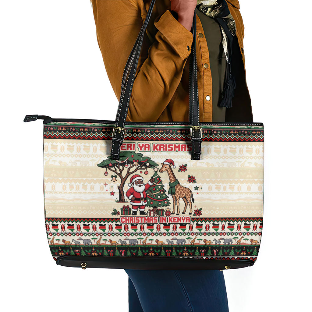 Kenya Christmas Santa Wildlife Leather Tote Bag Heri Ya Krismasi - Elephant Giraffe - Ugly Pixel Art