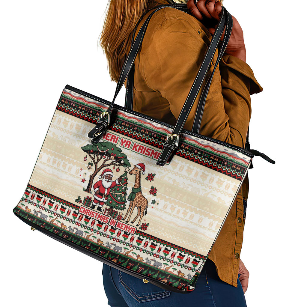 Kenya Christmas Santa Wildlife Leather Tote Bag Heri Ya Krismasi - Elephant Giraffe - Ugly Pixel Art