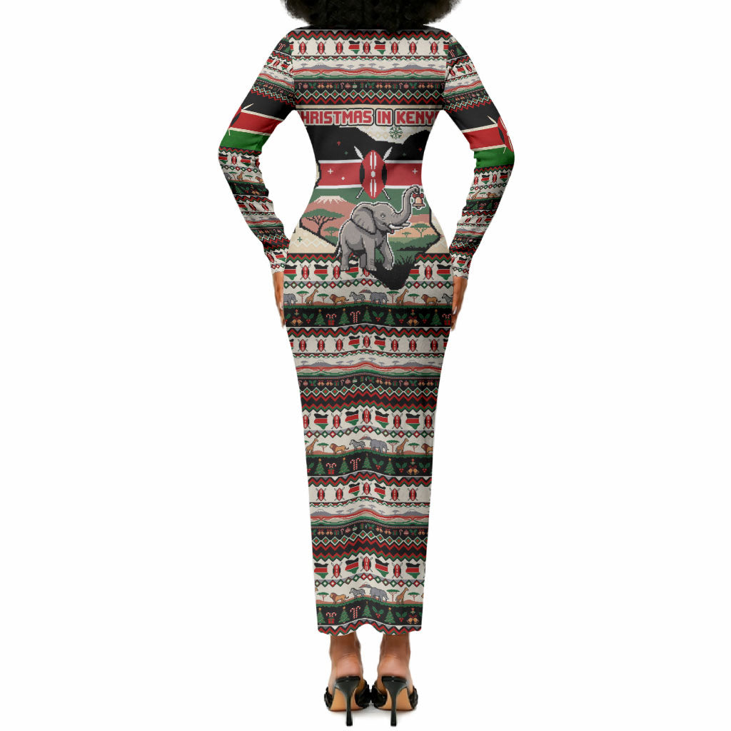 Kenya Christmas Santa Wildlife Long Sleeve Bodycon Dress Heri Ya Krismasi - Elephant Giraffe - Ugly Pixel Art
