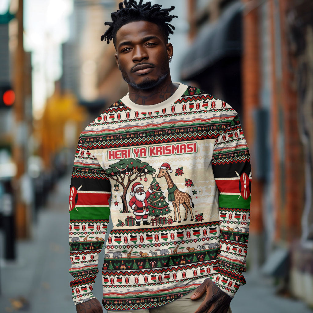 Kenya Christmas Santa Wildlife Long Sleeve Shirt Heri Ya Krismasi - Elephant Giraffe - Ugly Pixel Art