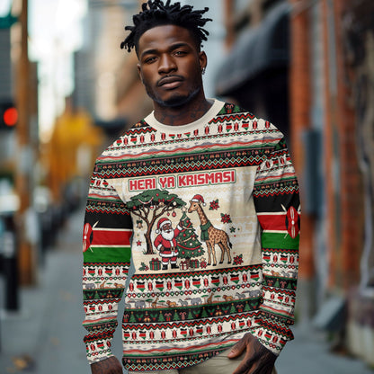 Kenya Christmas Santa Wildlife Long Sleeve Shirt Heri Ya Krismasi - Elephant Giraffe - Ugly Pixel Art