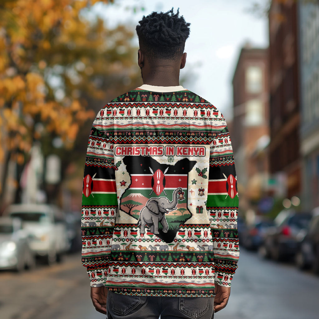 Kenya Christmas Santa Wildlife Long Sleeve Shirt Heri Ya Krismasi - Elephant Giraffe - Ugly Pixel Art