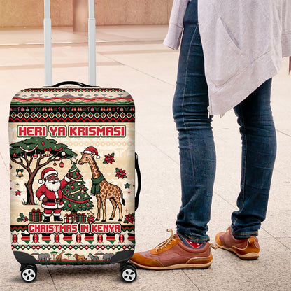 Kenya Christmas Santa Wildlife Luggage Cover Heri Ya Krismasi - Elephant Giraffe - Ugly Pixel Art