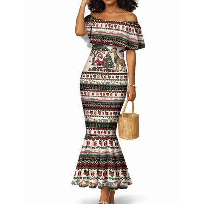 Kenya Christmas Santa Wildlife Mermaid Dress Heri Ya Krismasi - Elephant Giraffe - Ugly Pixel Art
