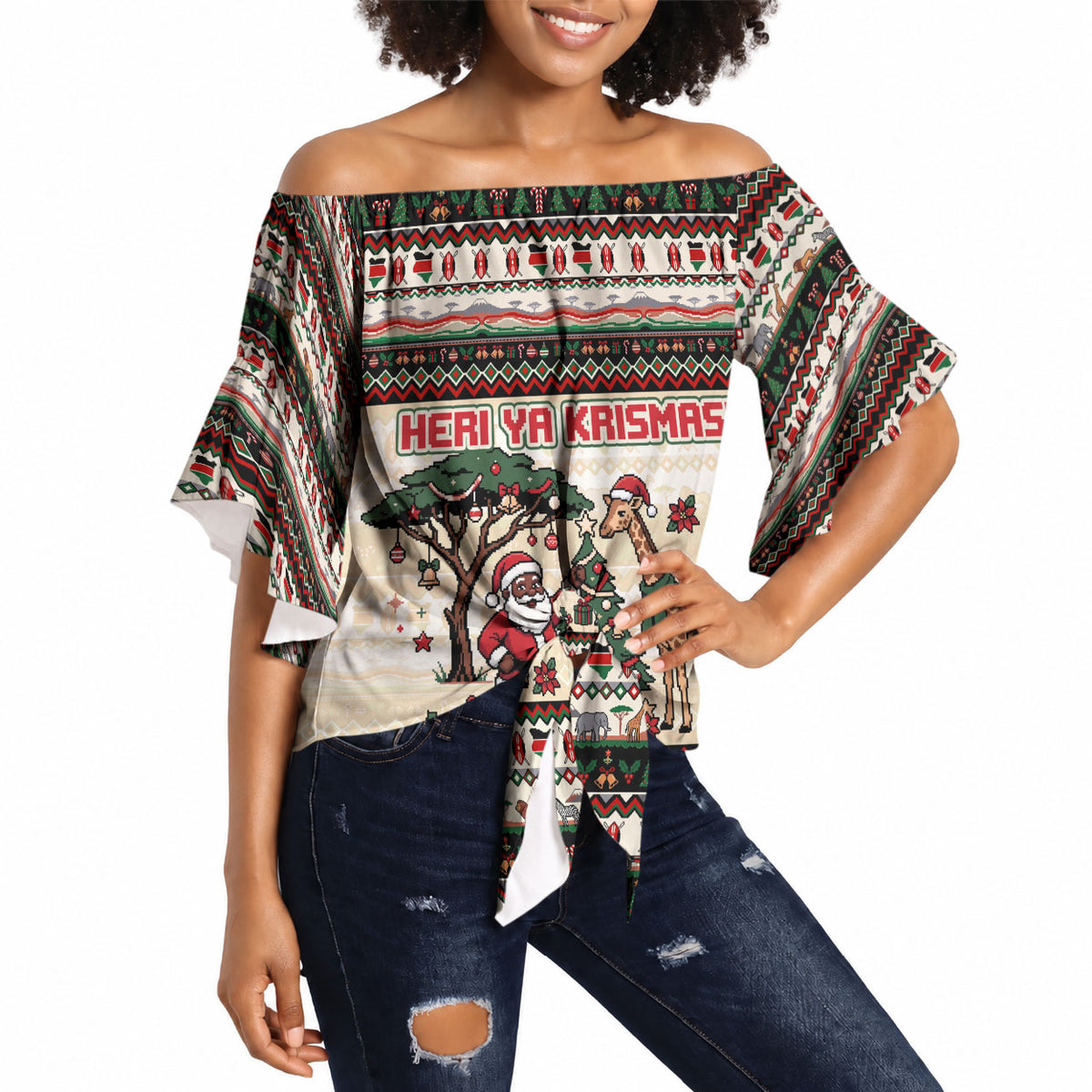 Kenya Christmas Santa Wildlife Off Shoulder Wrap Waist Top Heri Ya Krismasi - Elephant Giraffe - Ugly Pixel Art