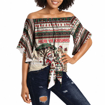 Kenya Christmas Santa Wildlife Off Shoulder Wrap Waist Top Heri Ya Krismasi - Elephant Giraffe - Ugly Pixel Art