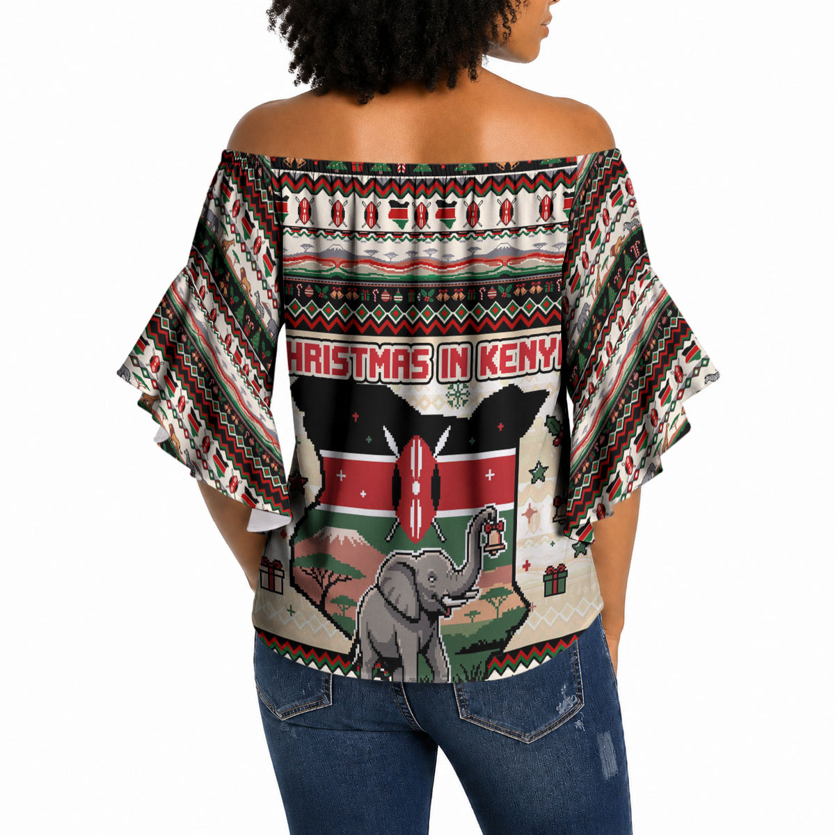 Kenya Christmas Santa Wildlife Off Shoulder Wrap Waist Top Heri Ya Krismasi - Elephant Giraffe - Ugly Pixel Art