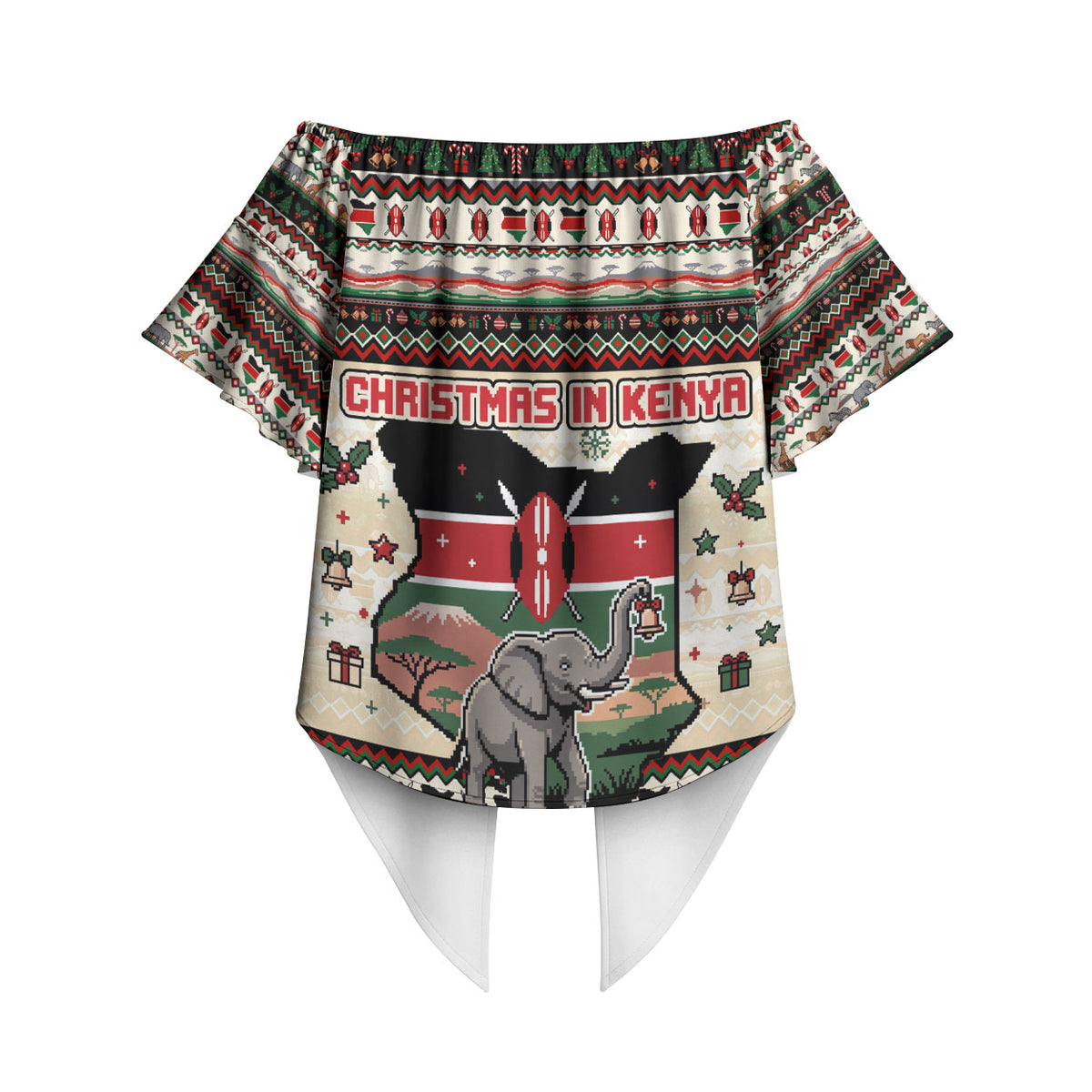 Kenya Christmas Santa Wildlife Off Shoulder Wrap Waist Top Heri Ya Krismasi - Elephant Giraffe - Ugly Pixel Art