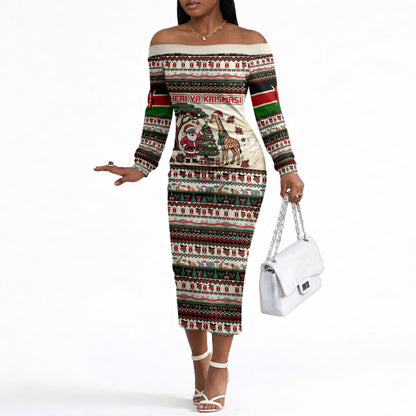 Kenya Christmas Santa Wildlife Off The Shoulder Long Sleeve Dress Heri Ya Krismasi - Elephant Giraffe - Ugly Pixel Art