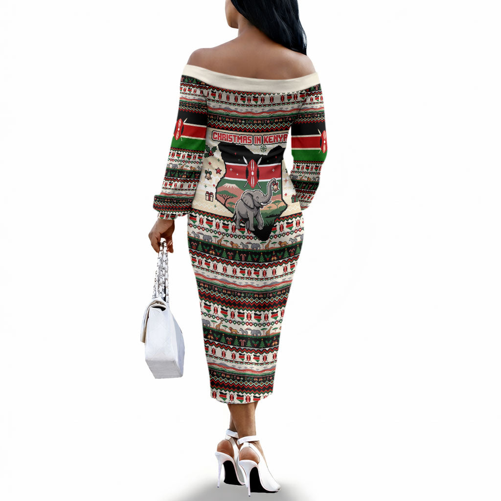Kenya Christmas Santa Wildlife Off The Shoulder Long Sleeve Dress Heri Ya Krismasi - Elephant Giraffe - Ugly Pixel Art