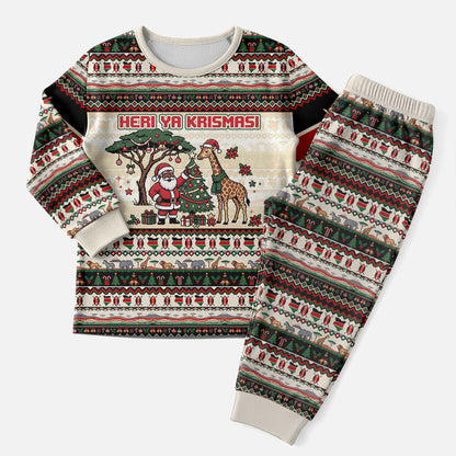 Kenya Christmas Santa Wildlife Christmas Pajama Set Heri Ya Krismasi - Elephant Giraffe - Ugly Pixel Art