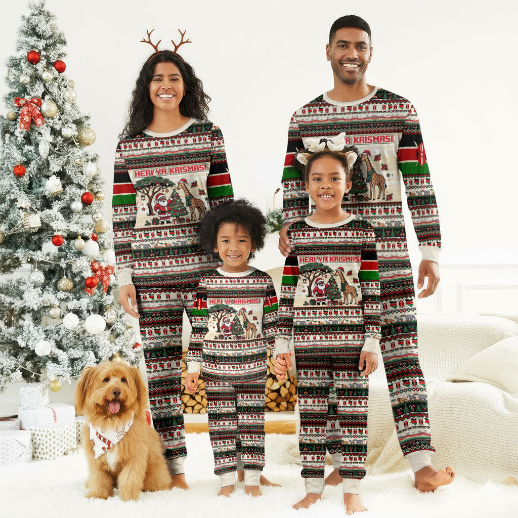 Kenya Christmas Santa Wildlife Christmas Pajama Set Heri Ya Krismasi - Elephant Giraffe - Ugly Pixel Art
