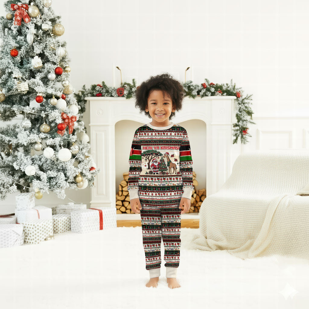 Kenya Christmas Santa Wildlife Christmas Pajama Set Heri Ya Krismasi - Elephant Giraffe - Ugly Pixel Art