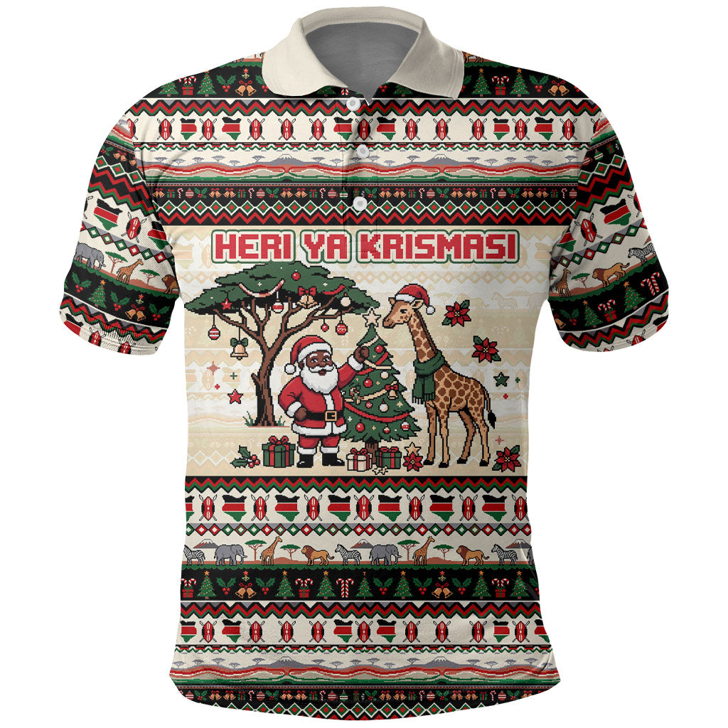 Kenya Christmas Santa Wildlife Polo Shirt Heri Ya Krismasi - Elephant Giraffe - Ugly Pixel Art