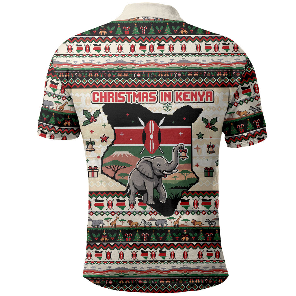 Kenya Christmas Santa Wildlife Polo Shirt Heri Ya Krismasi - Elephant Giraffe - Ugly Pixel Art