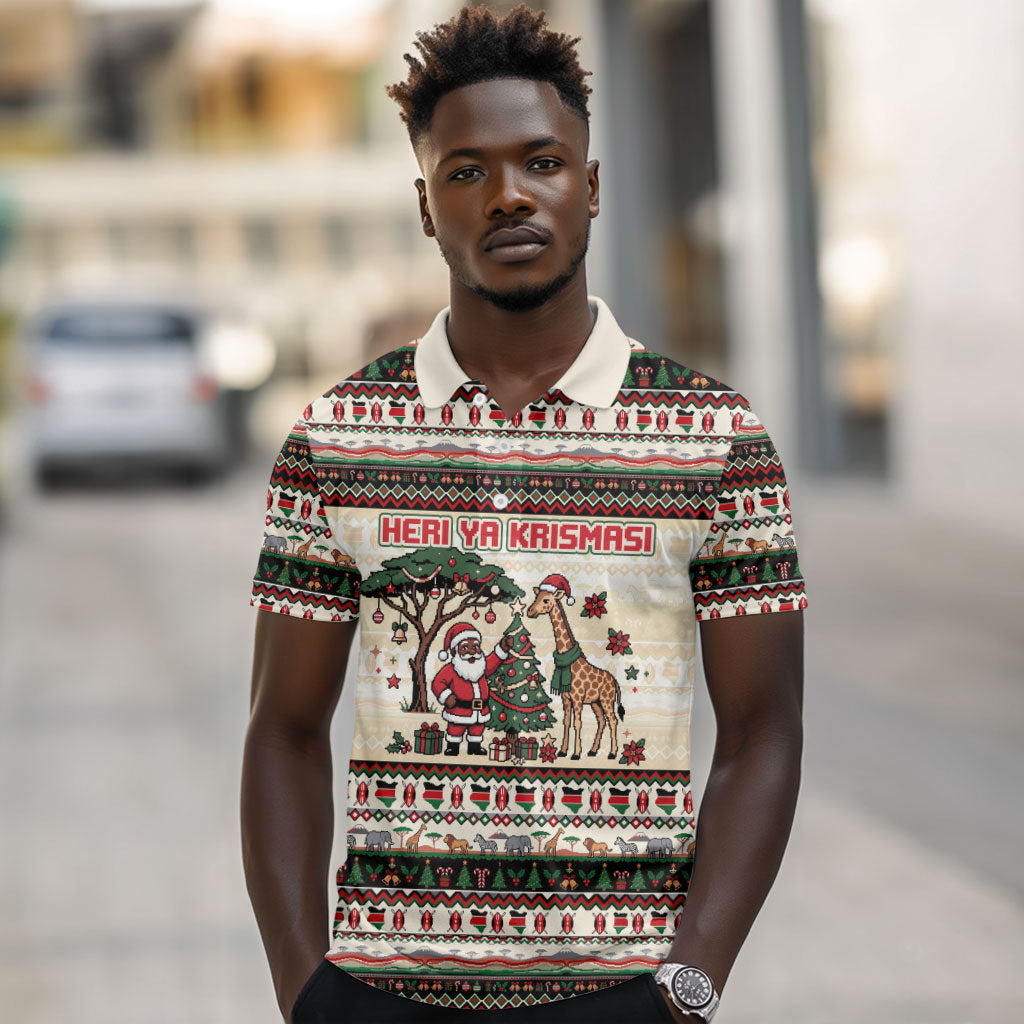 Kenya Christmas Santa Wildlife Polo Shirt Heri Ya Krismasi - Elephant Giraffe - Ugly Pixel Art
