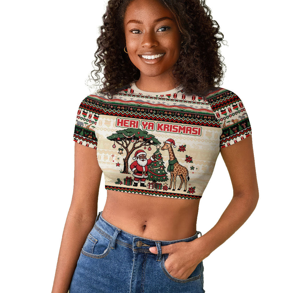 Kenya Christmas Santa Wildlife Raglan Cropped T shirt Heri Ya Krismasi - Elephant Giraffe - Ugly Pixel Art