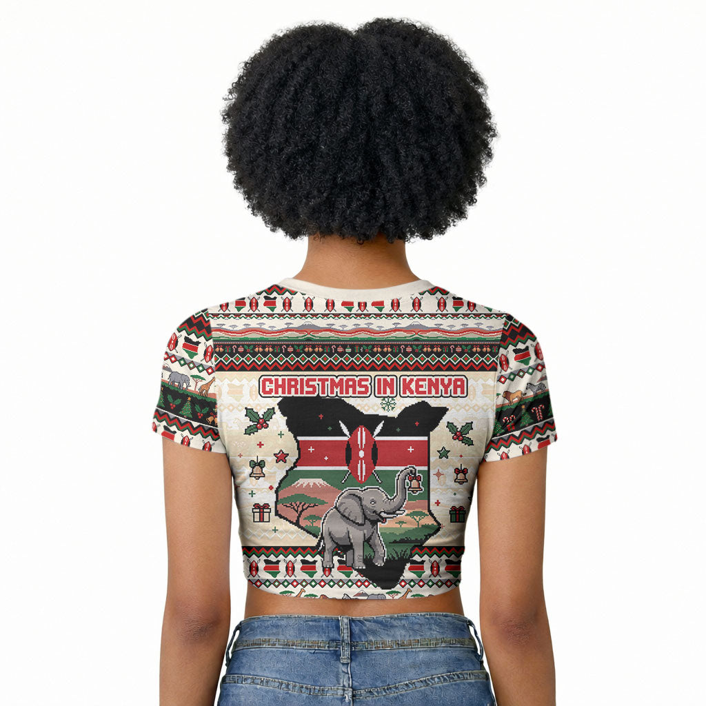 Kenya Christmas Santa Wildlife Raglan Cropped T shirt Heri Ya Krismasi - Elephant Giraffe - Ugly Pixel Art