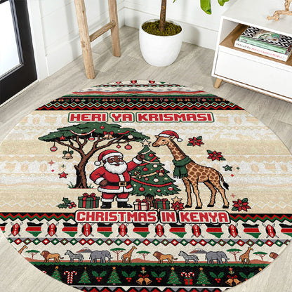 Kenya Christmas Santa Wildlife Round Carpet Heri Ya Krismasi - Elephant Giraffe - Ugly Pixel Art