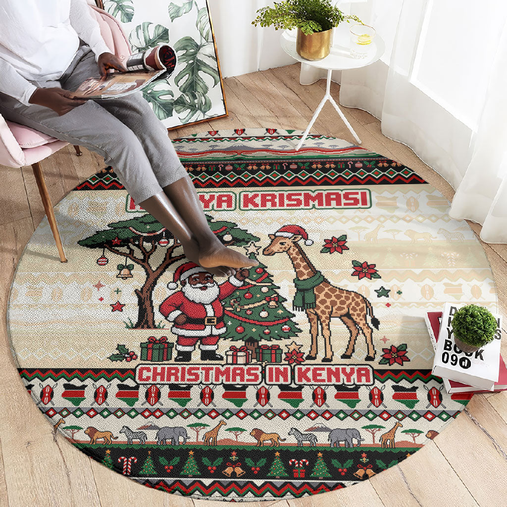 Kenya Christmas Santa Wildlife Round Carpet Heri Ya Krismasi - Elephant Giraffe - Ugly Pixel Art