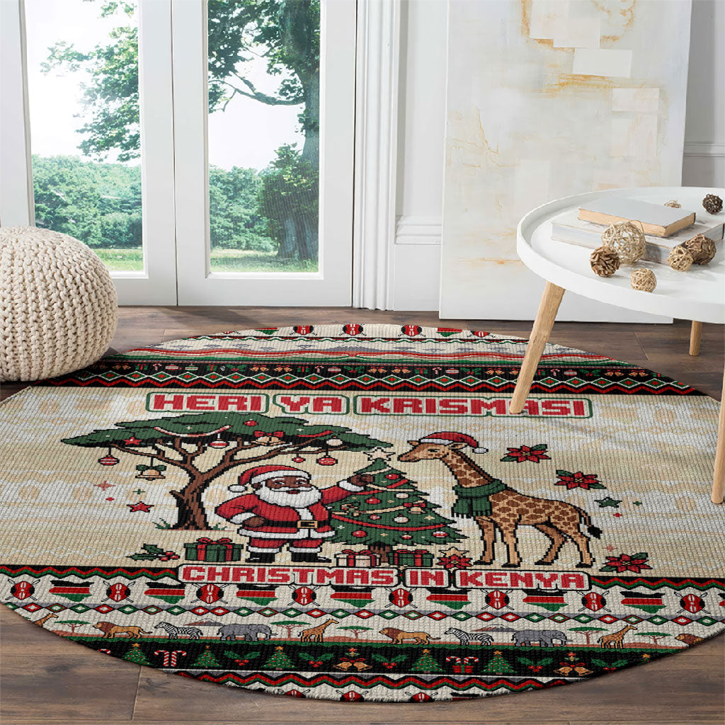 Kenya Christmas Santa Wildlife Round Carpet Heri Ya Krismasi - Elephant Giraffe - Ugly Pixel Art