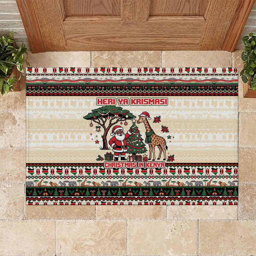 Kenya Christmas Santa Wildlife Rubber Doormat Heri Ya Krismasi - Elephant Giraffe - Ugly Pixel Art