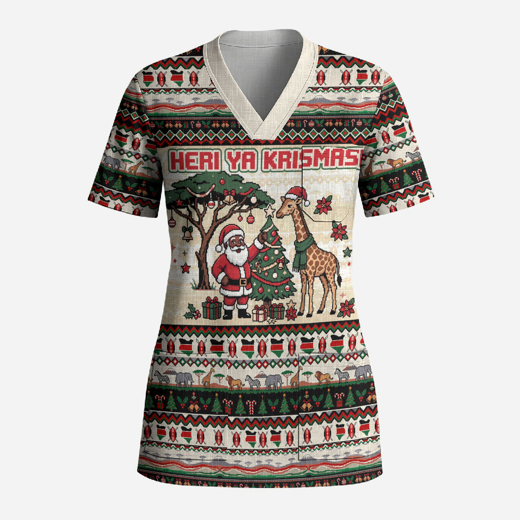 Kenya Christmas Santa Wildlife Scrub Top Heri Ya Krismasi - Elephant Giraffe - Ugly Pixel Art