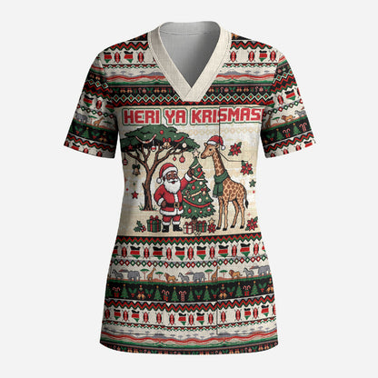 Kenya Christmas Santa Wildlife Scrub Top Heri Ya Krismasi - Elephant Giraffe - Ugly Pixel Art