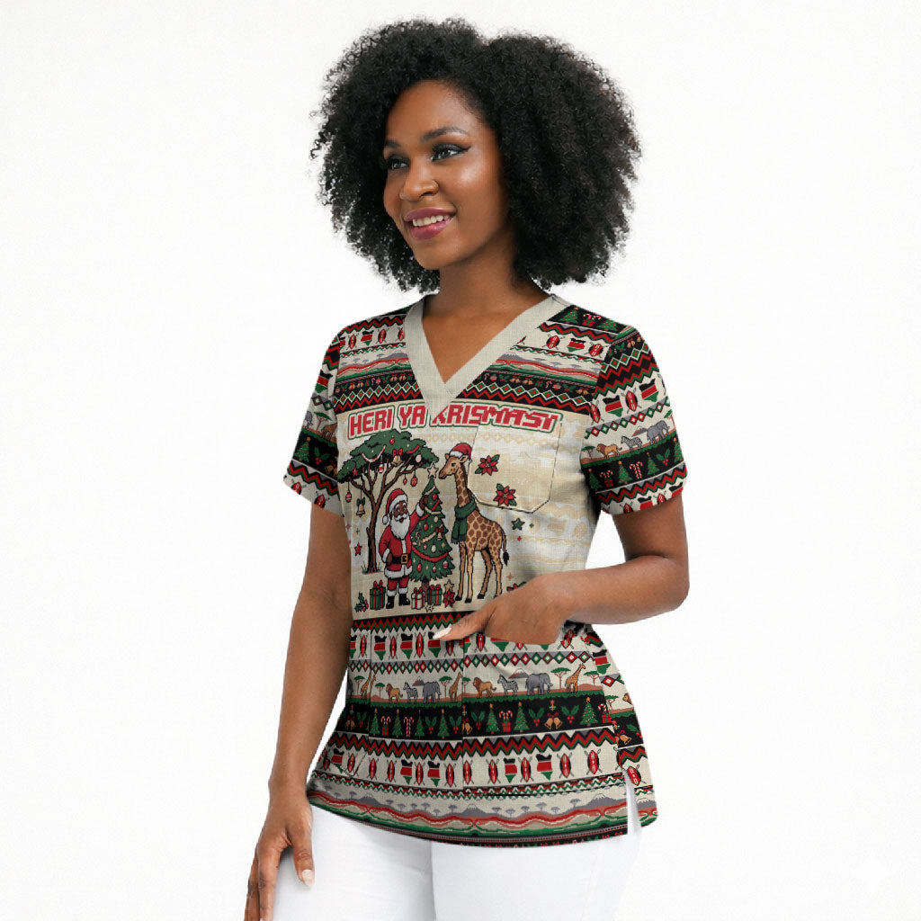 Kenya Christmas Santa Wildlife Scrub Top Heri Ya Krismasi - Elephant Giraffe - Ugly Pixel Art