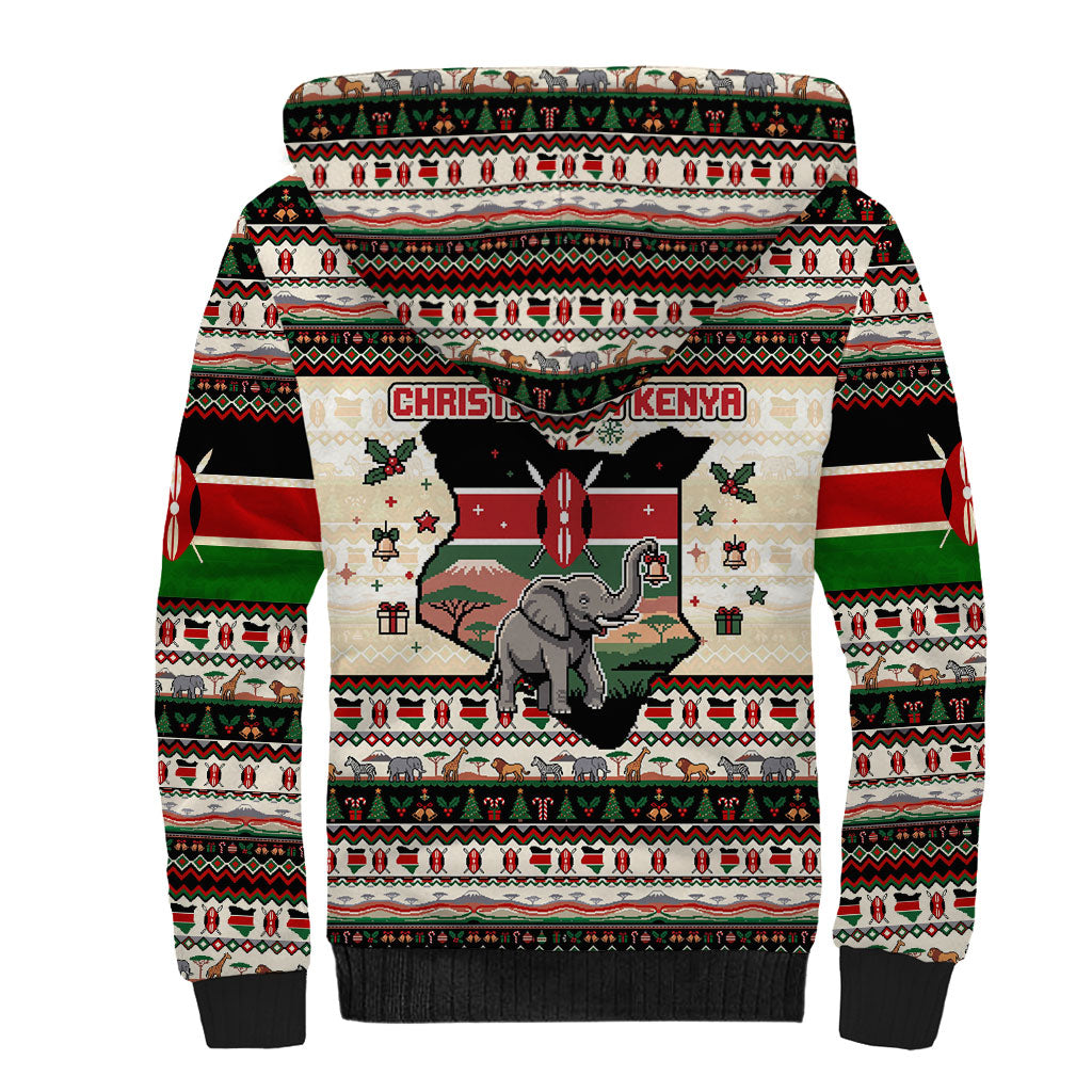 Kenya Christmas Santa Wildlife Sherpa Hoodie Heri Ya Krismasi - Elephant Giraffe - Ugly Pixel Art