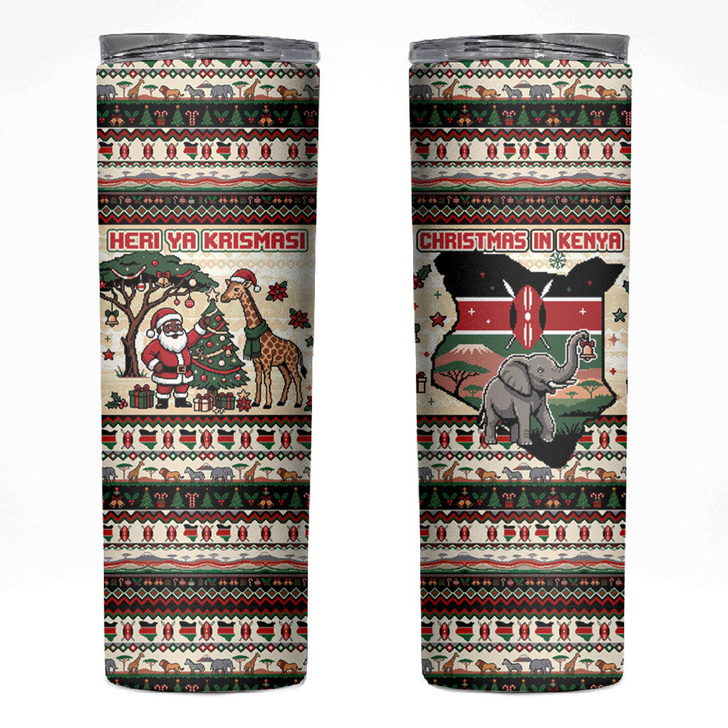 Kenya Christmas Santa Wildlife Skinny Tumbler Heri Ya Krismasi - Elephant Giraffe - Ugly Pixel Art