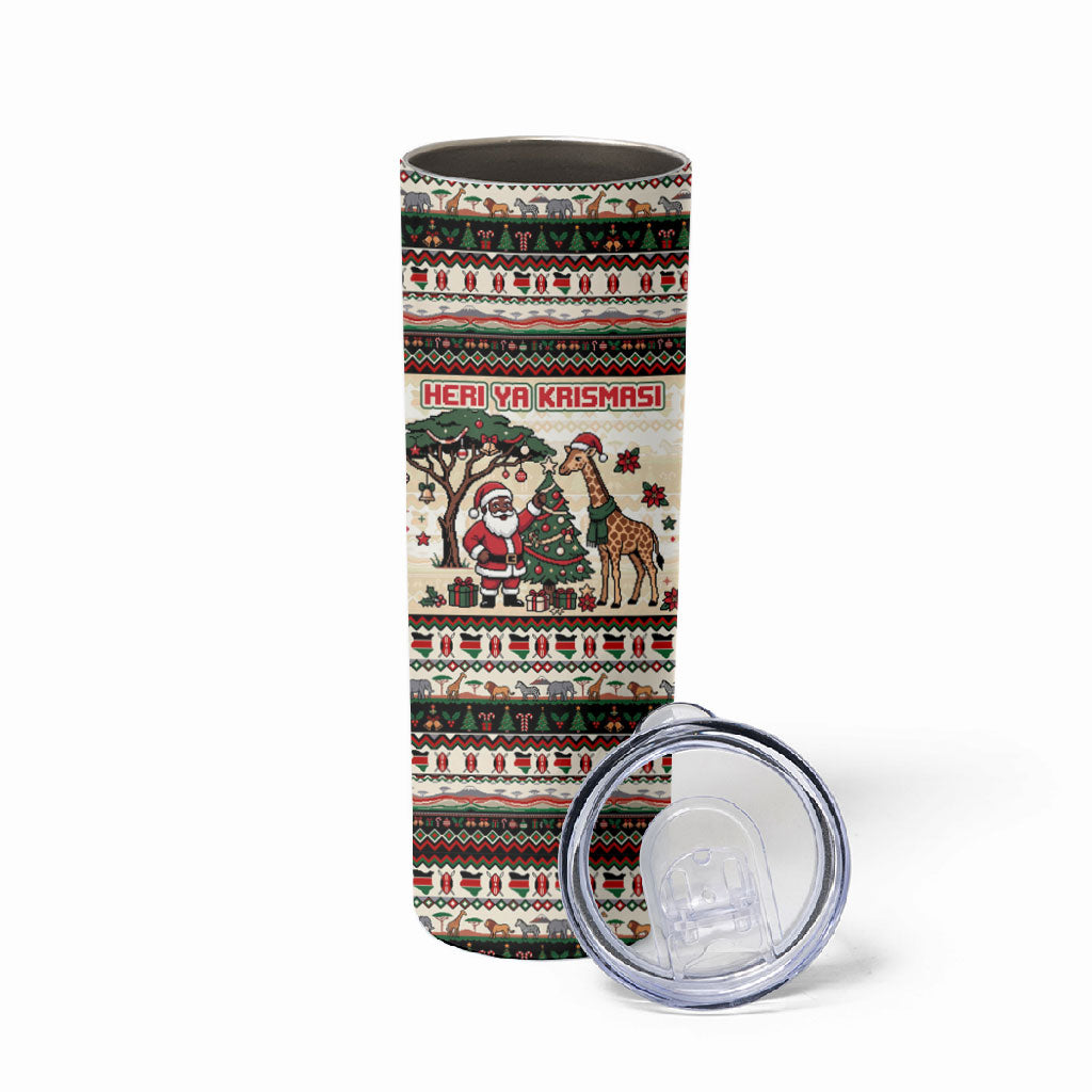 Kenya Christmas Santa Wildlife Skinny Tumbler Heri Ya Krismasi - Elephant Giraffe - Ugly Pixel Art