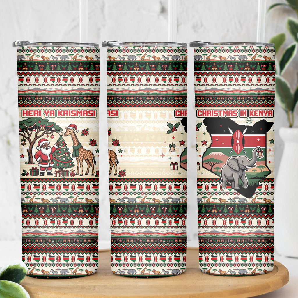 Kenya Christmas Santa Wildlife Skinny Tumbler Heri Ya Krismasi - Elephant Giraffe - Ugly Pixel Art