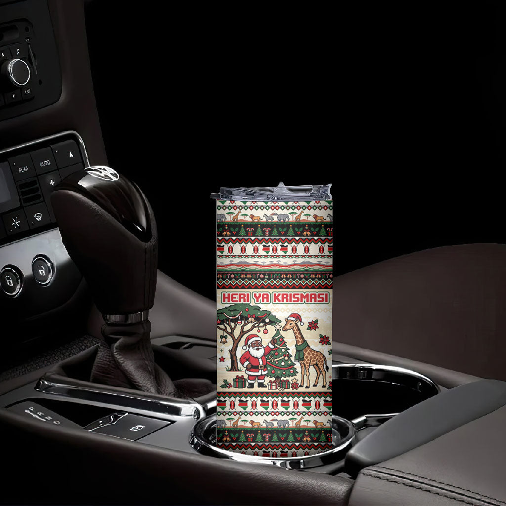 Kenya Christmas Santa Wildlife Skinny Tumbler Heri Ya Krismasi - Elephant Giraffe - Ugly Pixel Art