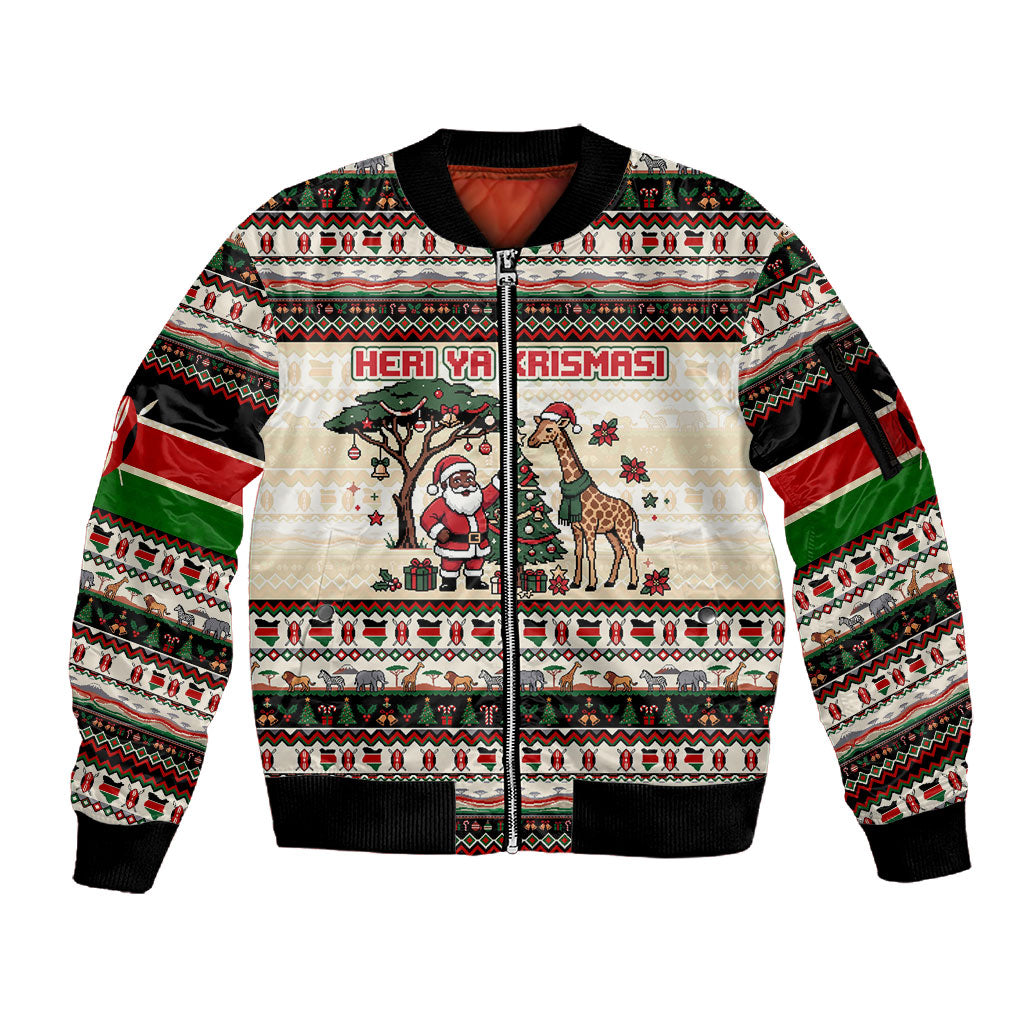 Kenya Christmas Santa Wildlife Sleeve Zip Bomber Jacket Heri Ya Krismasi - Elephant Giraffe - Ugly Pixel Art