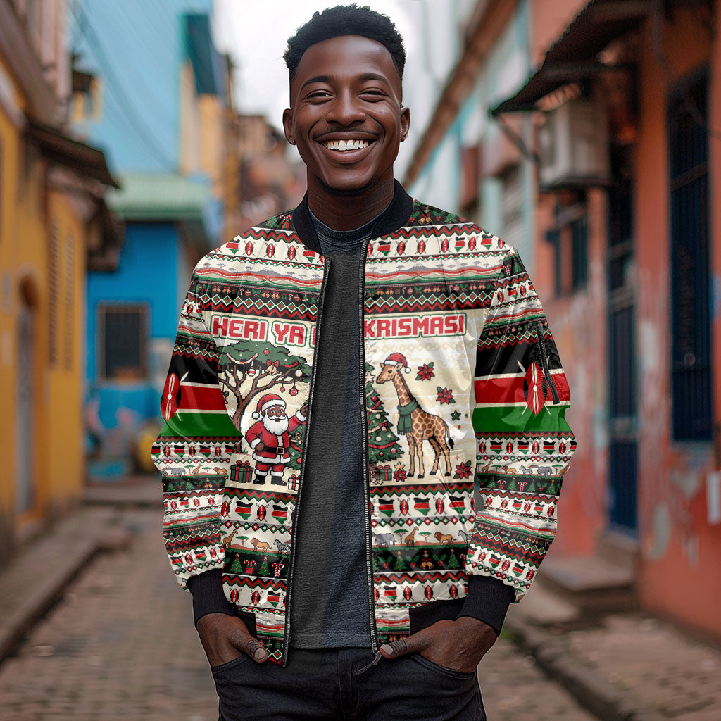 Kenya Christmas Santa Wildlife Sleeve Zip Bomber Jacket Heri Ya Krismasi - Elephant Giraffe - Ugly Pixel Art