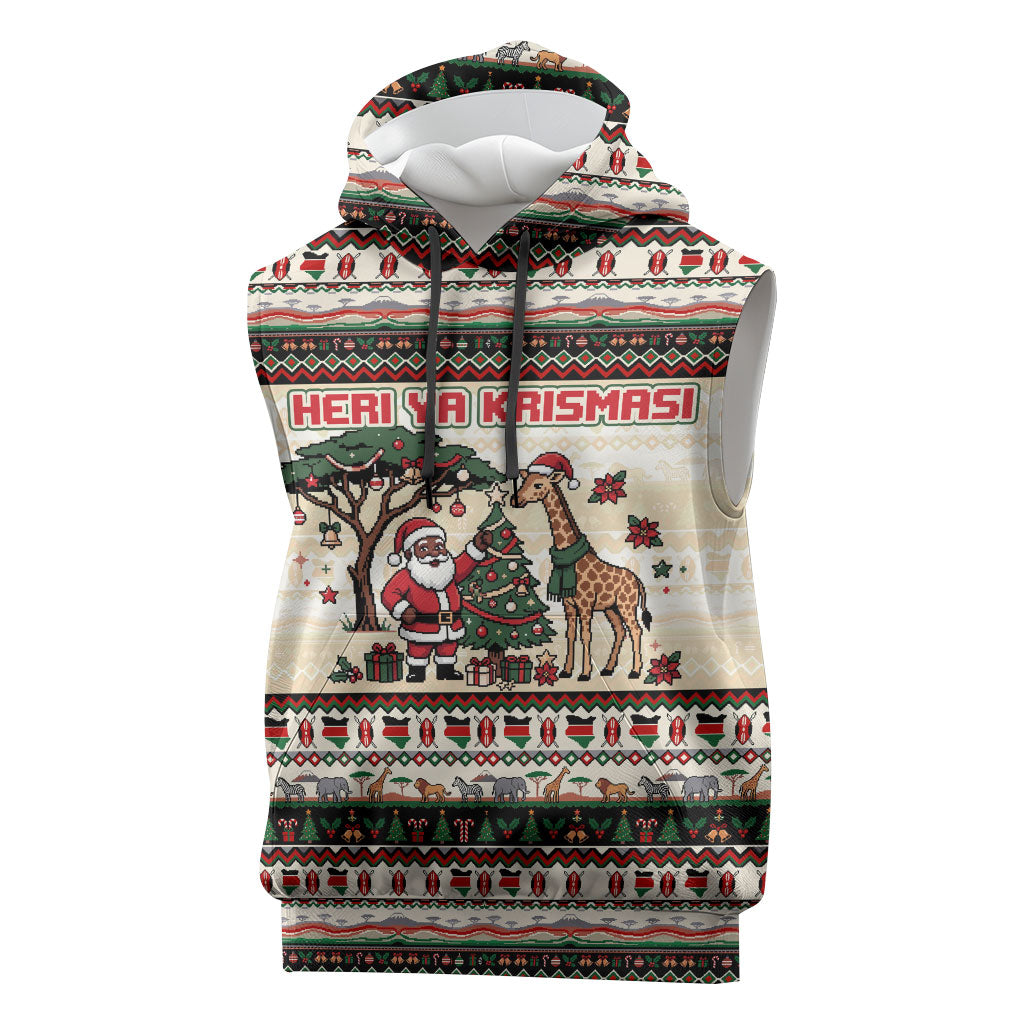 Kenya Christmas Santa Wildlife Sleeveless Hoodie Heri Ya Krismasi - Elephant Giraffe - Ugly Pixel Art