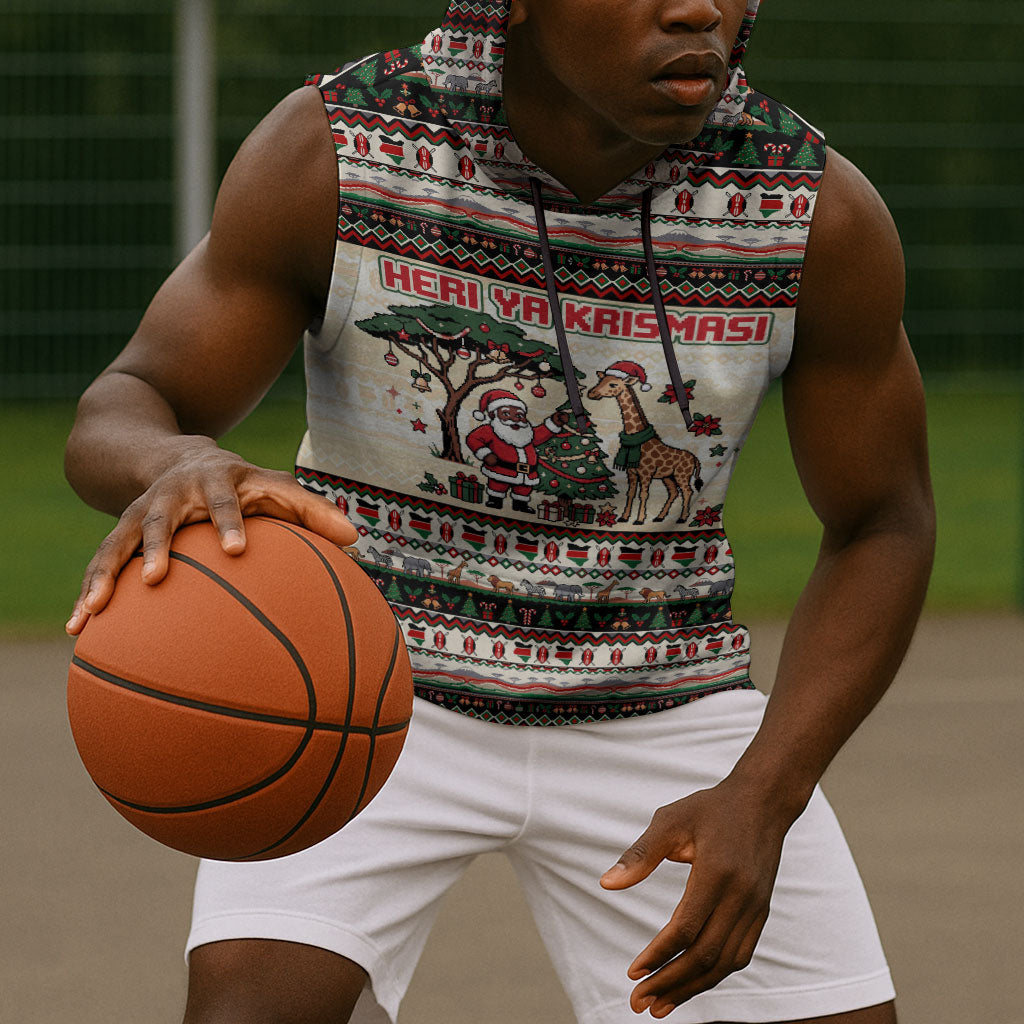 Kenya Christmas Santa Wildlife Sleeveless Hoodie Heri Ya Krismasi - Elephant Giraffe - Ugly Pixel Art