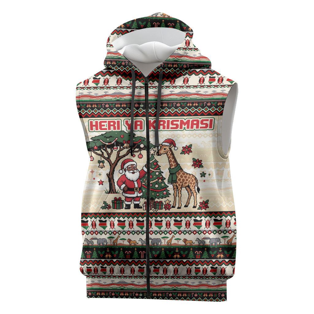 Kenya Christmas Santa Wildlife Sleeveless Zip Hoodie Heri Ya Krismasi - Elephant Giraffe - Ugly Pixel Art