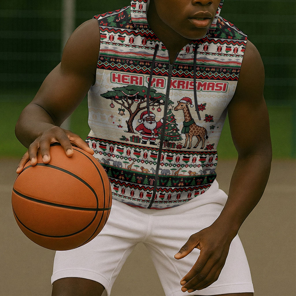 Kenya Christmas Santa Wildlife Sleeveless Zip Hoodie Heri Ya Krismasi - Elephant Giraffe - Ugly Pixel Art