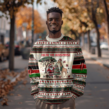 Kenya Christmas Santa Wildlife Sweatshirt Heri Ya Krismasi - Elephant Giraffe - Ugly Pixel Art