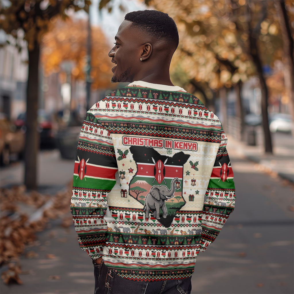 Kenya Christmas Santa Wildlife Sweatshirt Heri Ya Krismasi - Elephant Giraffe - Ugly Pixel Art