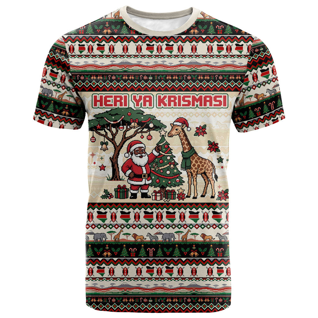 Kenya Christmas Santa Wildlife T shirt Heri Ya Krismasi - Elephant Giraffe - Ugly Pixel Art