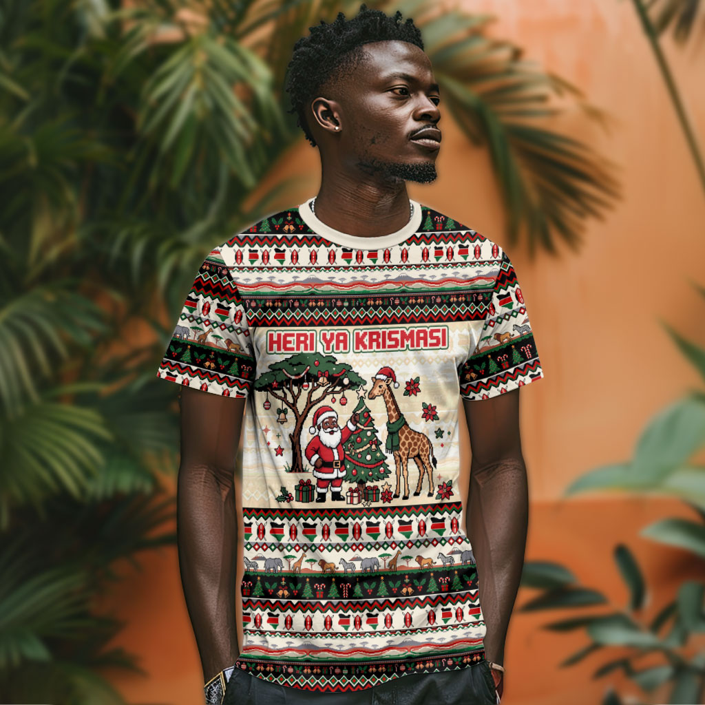 Kenya Christmas Santa Wildlife T shirt Heri Ya Krismasi - Elephant Giraffe - Ugly Pixel Art