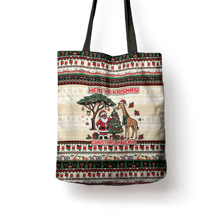 Kenya Christmas Santa Wildlife Tote Bag Heri Ya Krismasi - Elephant Giraffe - Ugly Pixel Art