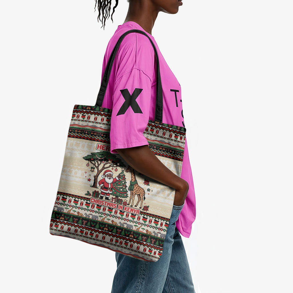 Kenya Christmas Santa Wildlife Tote Bag Heri Ya Krismasi - Elephant Giraffe - Ugly Pixel Art
