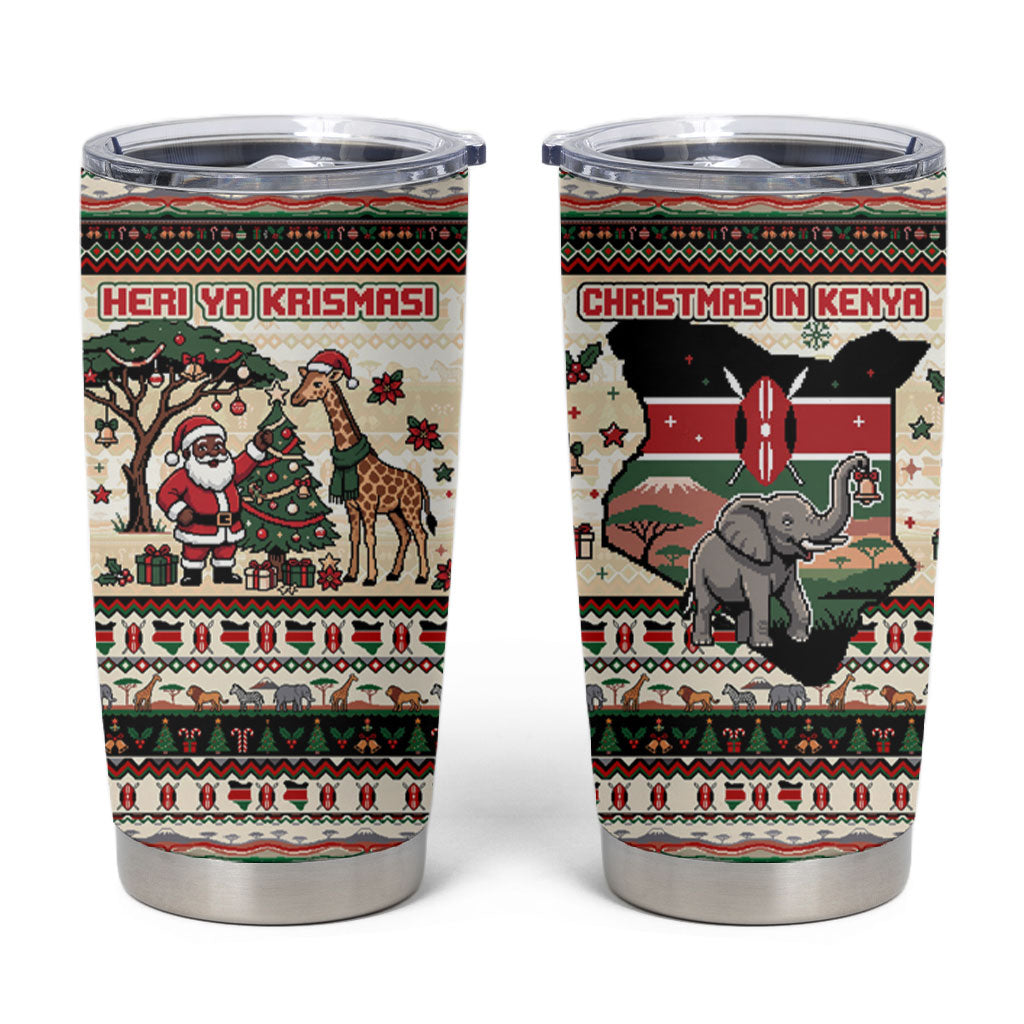 Kenya Christmas Santa Wildlife Tumbler Cup Heri Ya Krismasi - Elephant Giraffe - Ugly Pixel Art