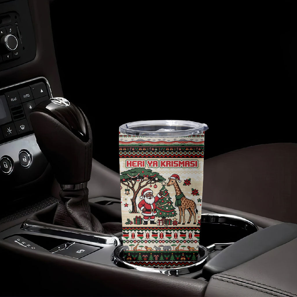 Kenya Christmas Santa Wildlife Tumbler Cup Heri Ya Krismasi - Elephant Giraffe - Ugly Pixel Art